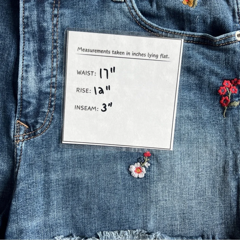 Express denim shorts 14 midi high rise frayed hem‎ embroidered floral cutoff - Picture 7 of 7